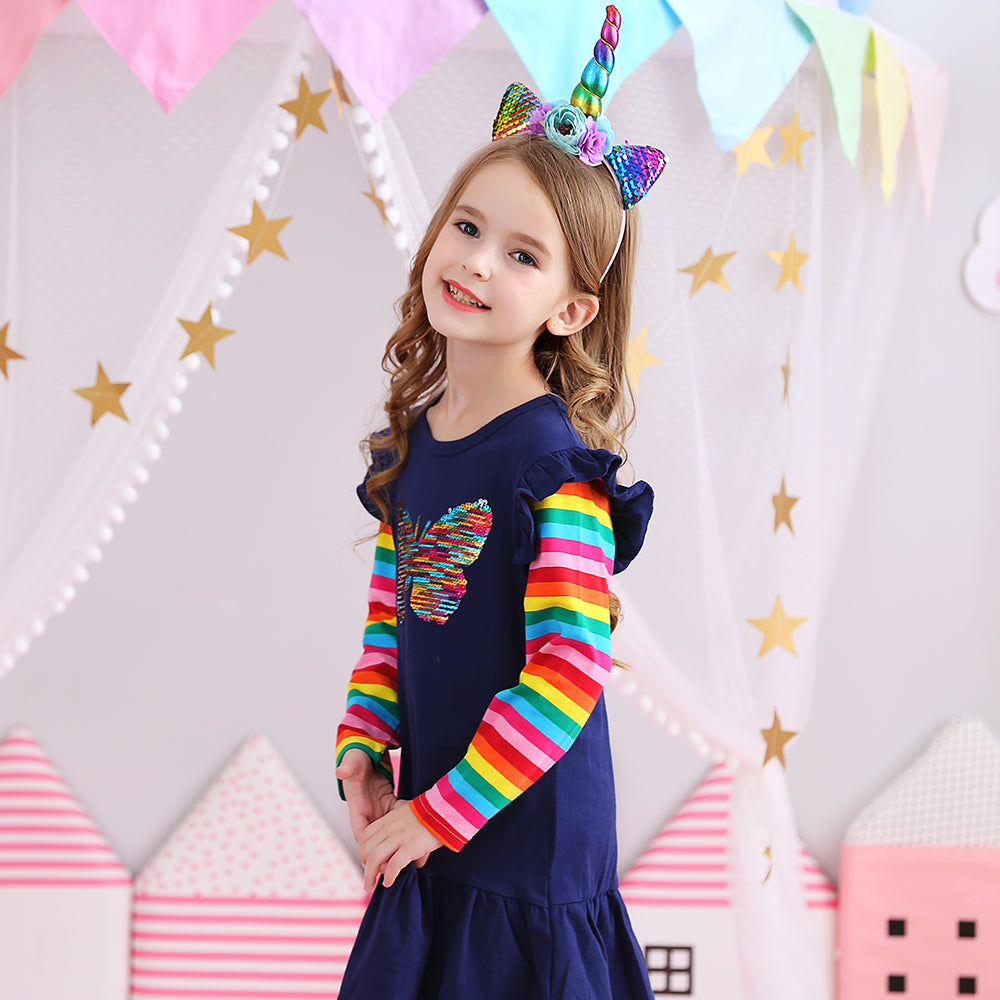 Butterfly Sequined Rainbow Long Sleeve Cotton Toddler Girl Casual Dress