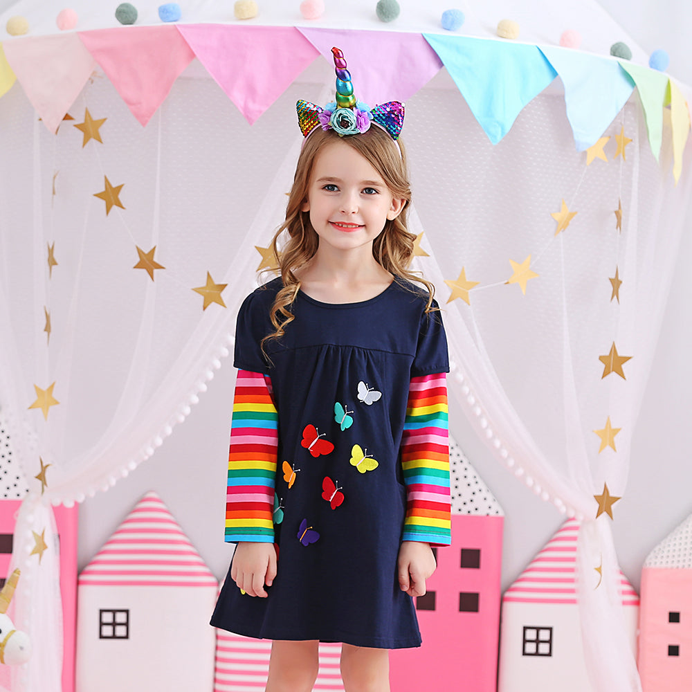 Colorful Butterfly A Line Girl Dress Rainbow Long Sleeve Toddler Winter Dress