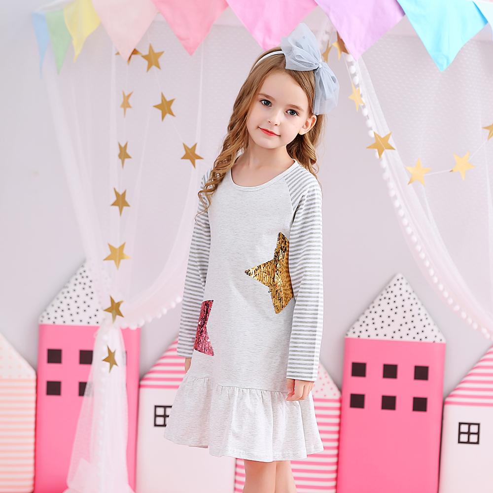 Star Sequined Casual Cotton Toddler Girl Long Sleeve Dress