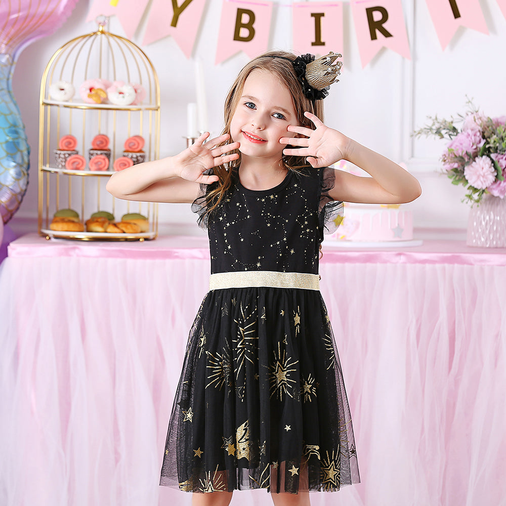 Star Moon Pattern Girls Toddler Summer Short Sleeve Tutu Dress