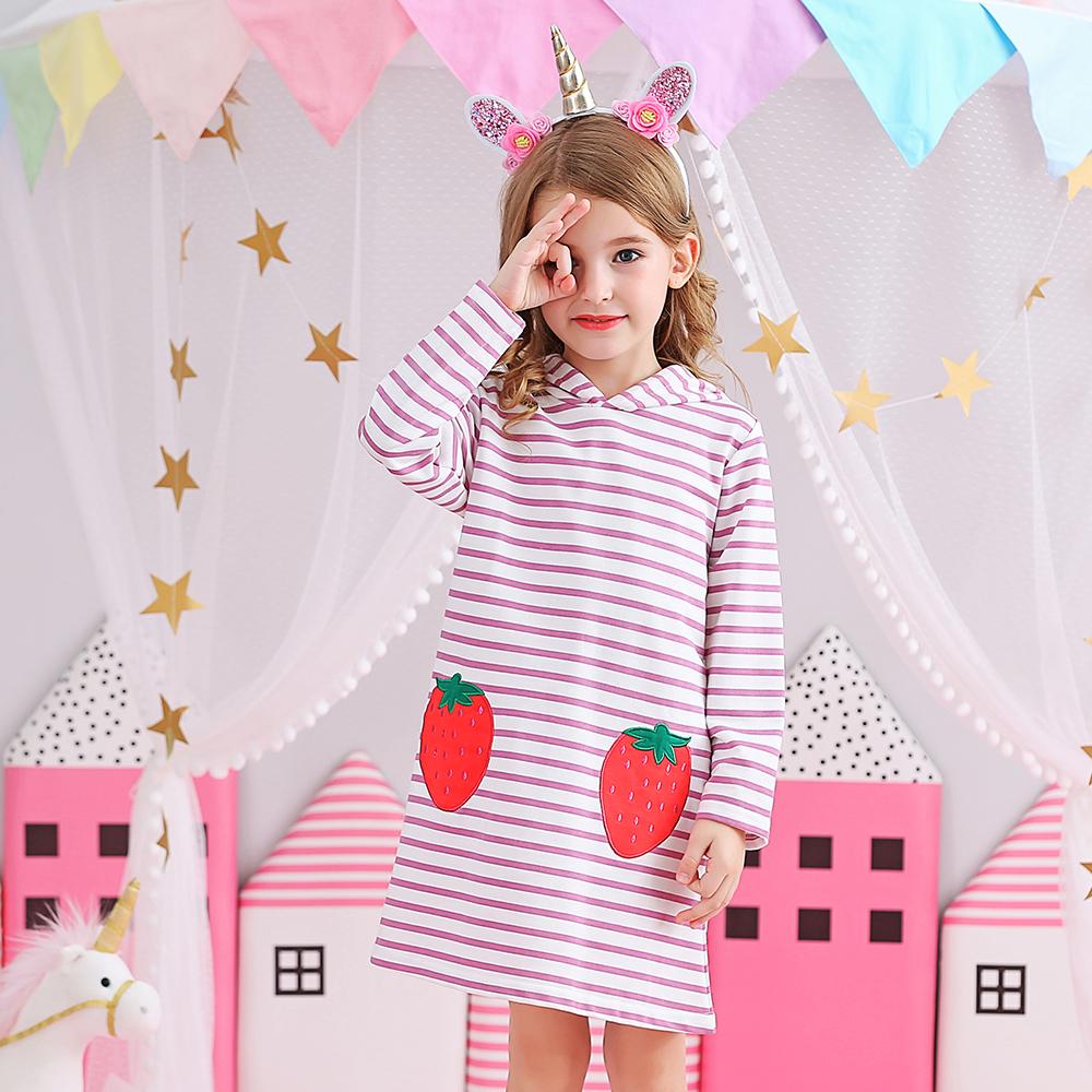 Strawberry Pattern A-Line Color Block Long Sleeve Toddler Causal Girl Dress