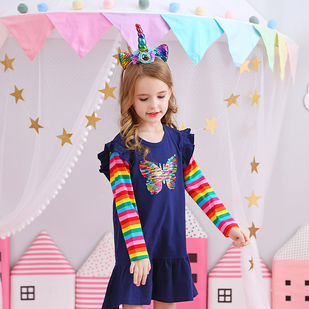 Butterfly Sequined Rainbow Long Sleeve Cotton Toddler Girl Casual Dress