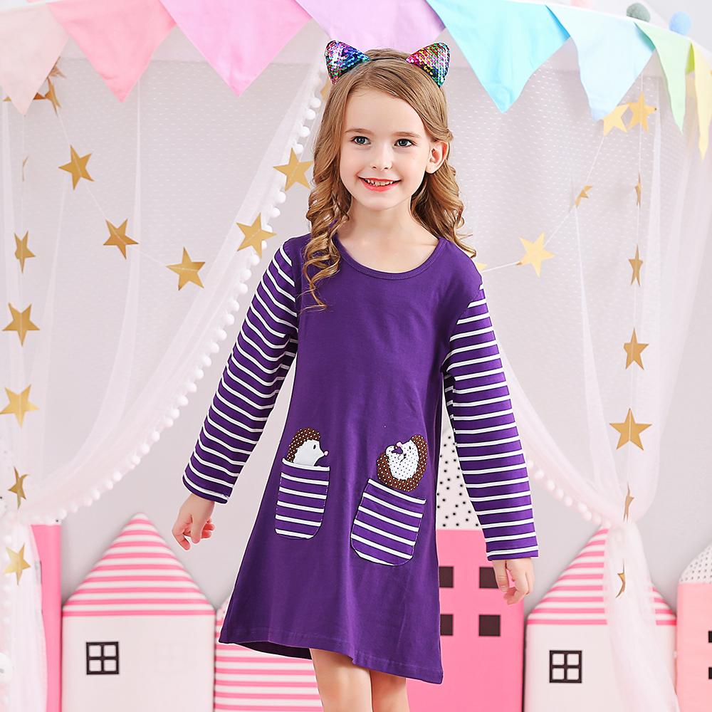 Purple A-Line Color Block Long Sleeve Toddler Causal Girl Dress