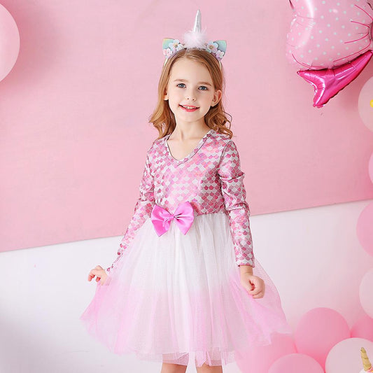 Pink Mermaid Pattern with Butterfly Bow Princess Toddler Tutu Girl Long Sleeve Dress