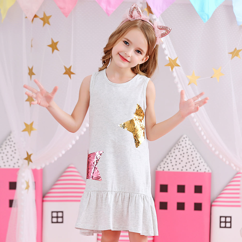 Star Sequined Toddler Summer Cotton Girl Dress for School Wear