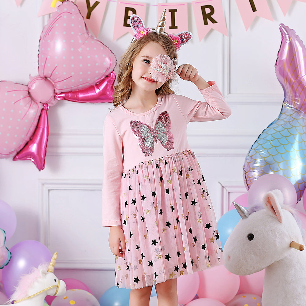 Butterfly Sequined Star Printed Soft Tulle Fall Winter Toddler Tutu Dress