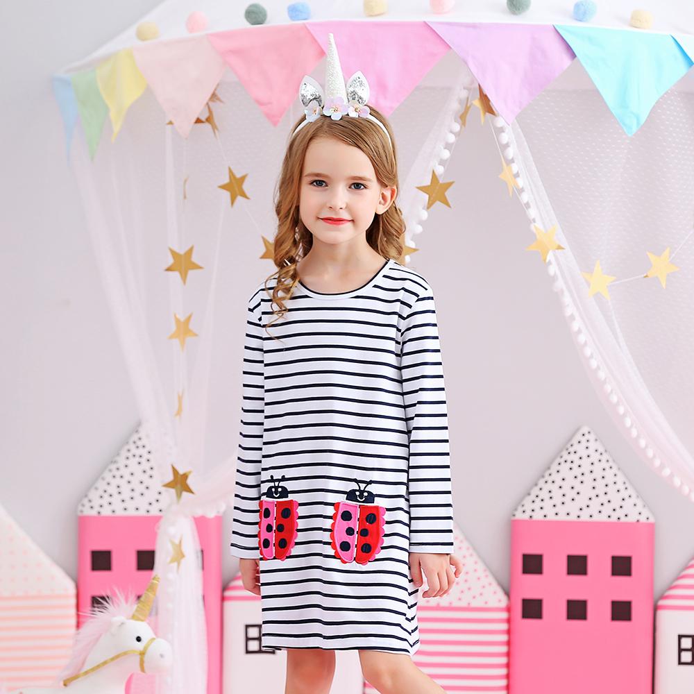 Cartoon Ladybug Pattern A-Line Color Block Long Sleeve Toddler Causal Girl Dress