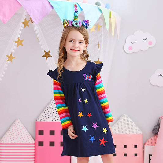 Colorful Star Butterfly with Rainbow Long Sleeve Cotton Girls Daily Casual Dress