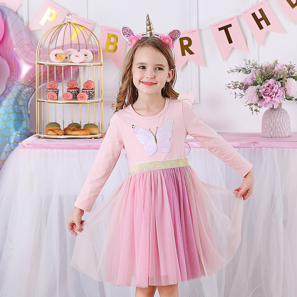 Butterfly Sequined Long Sleeve Toddler Winter Tutu Girl Dress for Party Brithday Daily