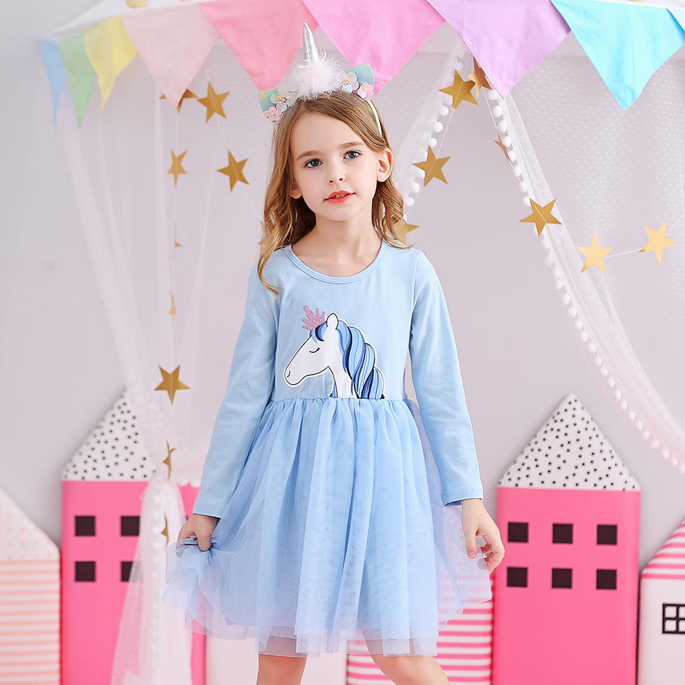 Cartoon Unicorn Blue Tulle Toddler Girl Tutu Long Sleeve Dress