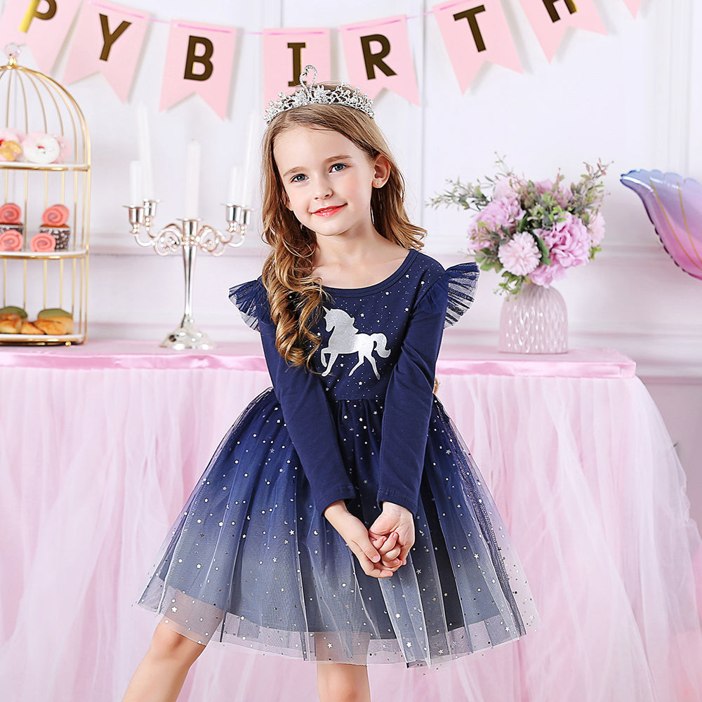 Unicorn Pattern Starry Sky Tulle Lovely Toddler Fall Winter Tutu Dress