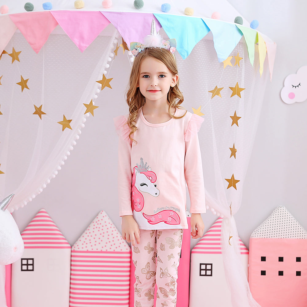 Unicorn Long Sleeve T-Shirt and Butterfly Leggings Pants Pink Set for Girl Toddler 3-8T