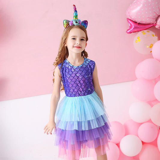 Princess Mermaid Printed Toddler Tutu Girl Layered Dress for Brithday Party