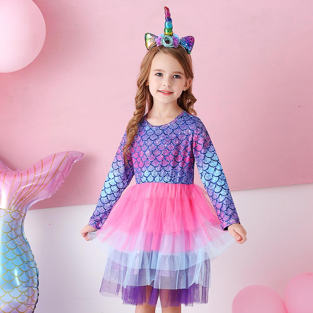 Purple Mermaid Colorful Layered Tulle Toddler Girl Long Sleeve Dress