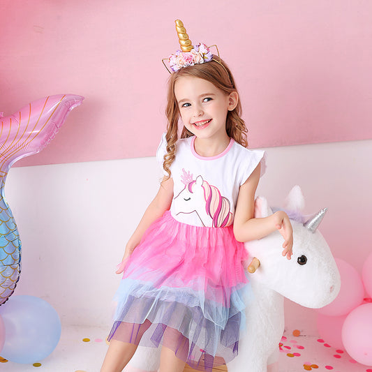 Unicorn Tutu Dress Short Sleeve Layered Colorful Dress for Toddler Girls