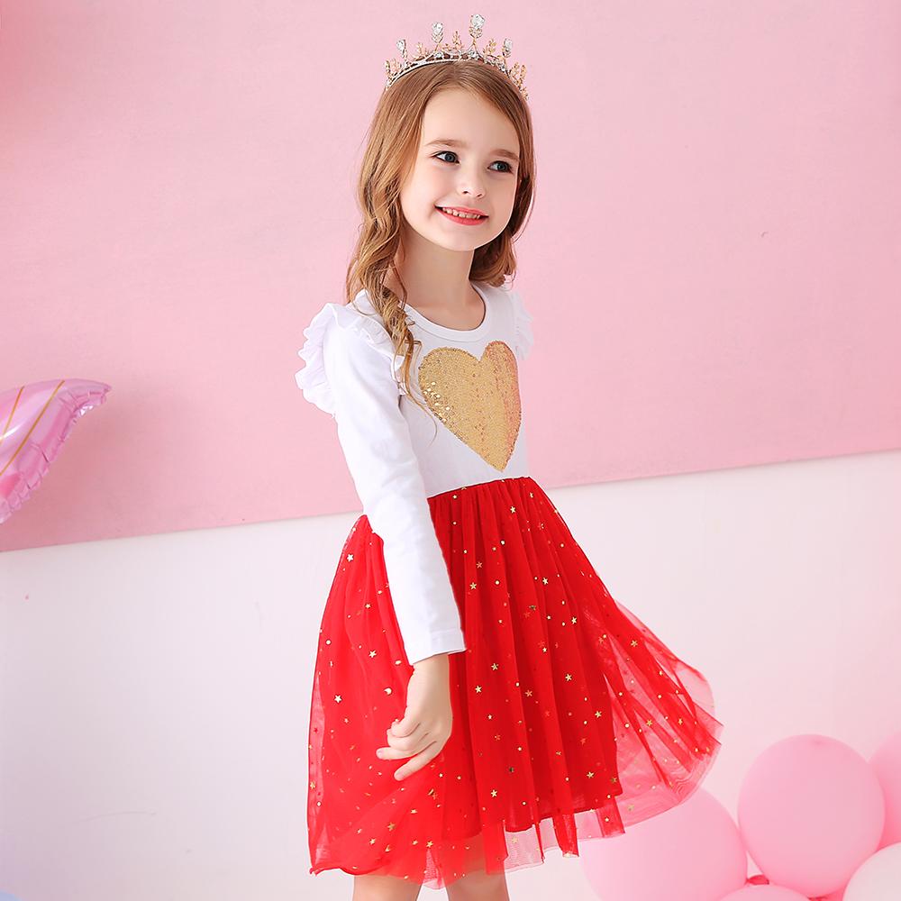 Love Sequined Cotton Toddler Girl Red Tutu Long Sleeve Dress