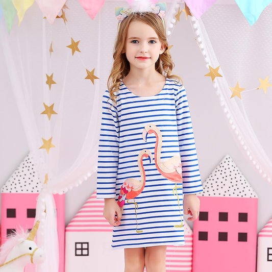 Cartoon Flamingo Color Block Long Sleeve A-Line Toddler Girl Dress