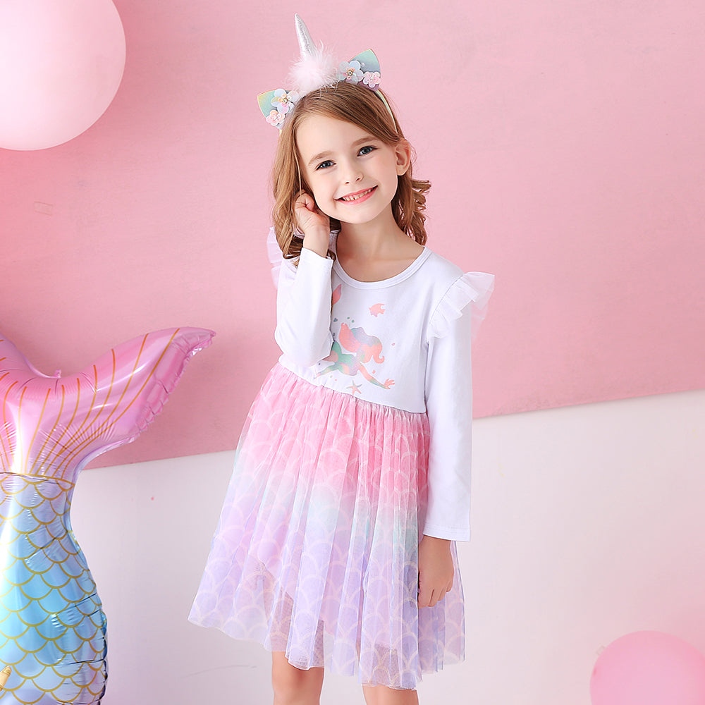 Mermaid Pattern Colorful Tulle Fall Winter Toddler Tutu Dress