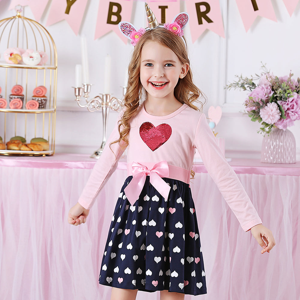 Love Heart Sequined Long Sleeve Fall Tollder Cotton Girl Dress