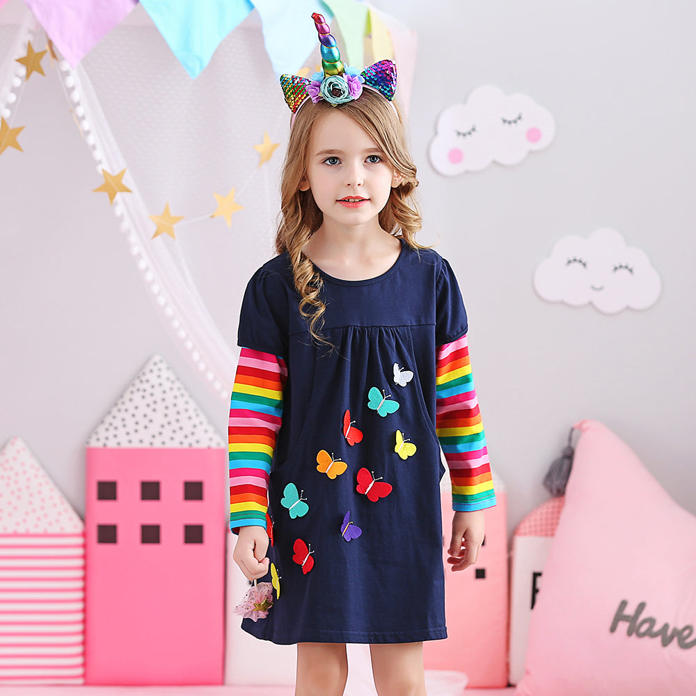 Colorful Butterfly A Line Girl Dress Rainbow Long Sleeve Toddler Winter Dress