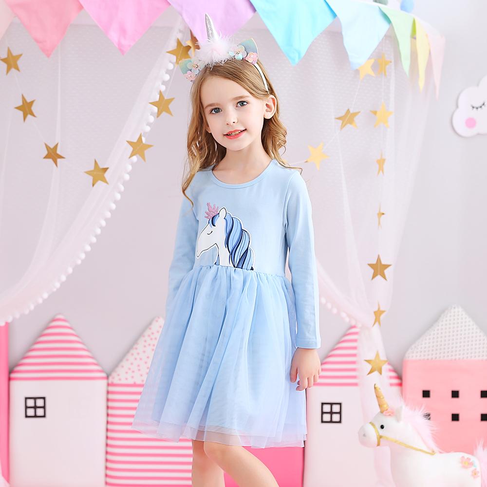 Cartoon Unicorn Blue Tulle Toddler Girl Tutu Long Sleeve Dress