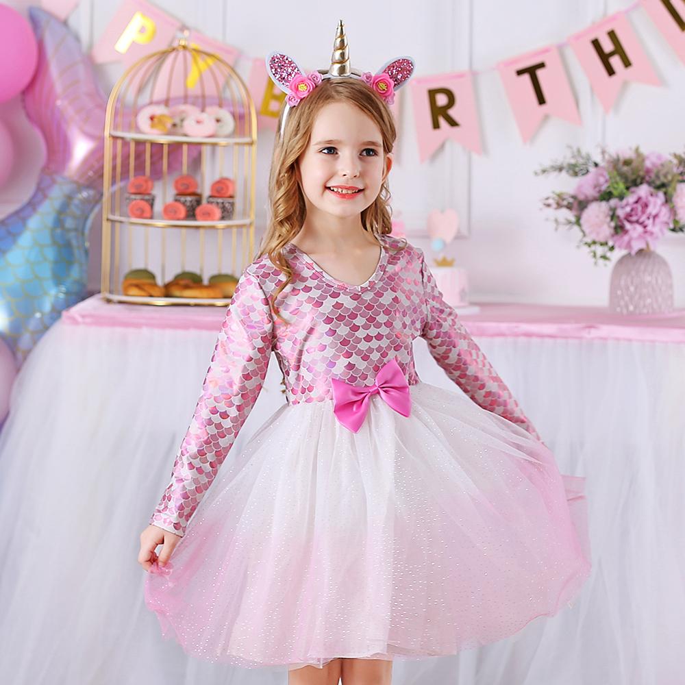 Pink Mermaid Pattern with Butterfly Bow Princess Toddler Tutu Girl Long Sleeve Dress