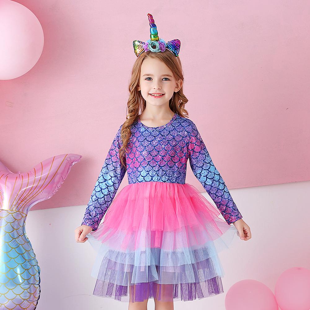 Purple Mermaid Colorful Layered Tulle Toddler Girl Long Sleeve Dress