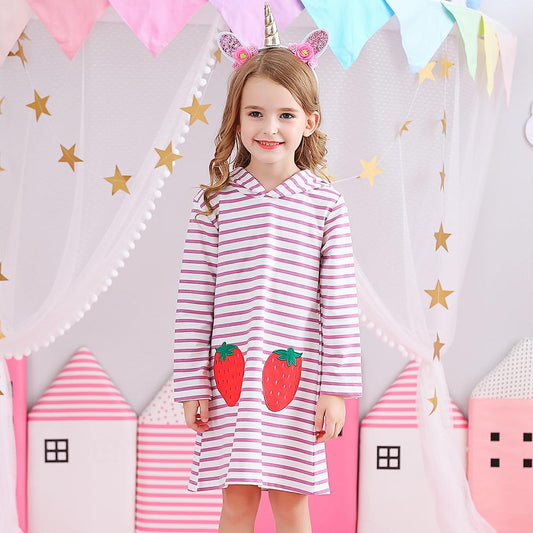 Strawberry Pattern A-Line Color Block Long Sleeve Toddler Causal Girl Dress