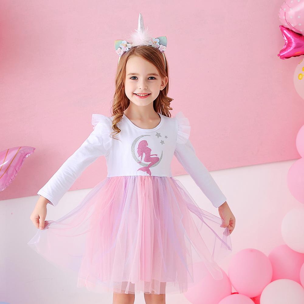 Mermaid Printed Pink Tulle Long Sleeve Tutu Dress for Toddler