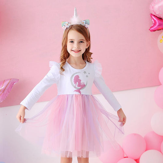 Mermaid Printed Pink Tulle Long Sleeve Tutu Dress for Toddler