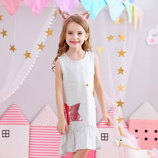 Star Sequined Toddler Summer Cotton Girl Dress for School Wear