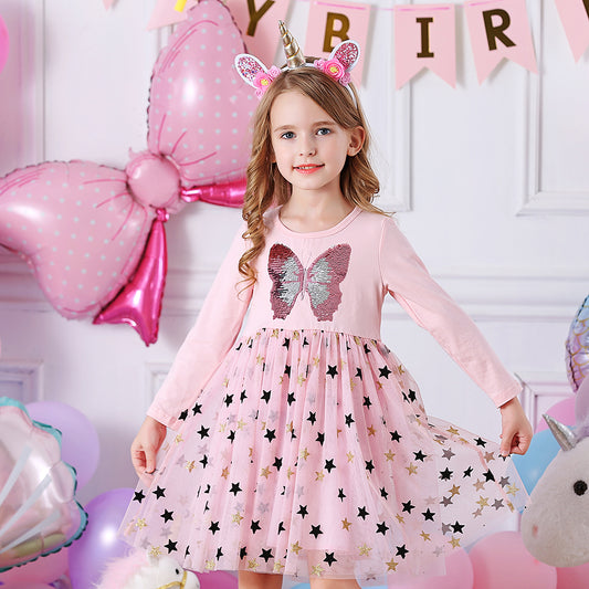 Butterfly Sequined Star Printed Soft Tulle Fall Winter Toddler Tutu Dress