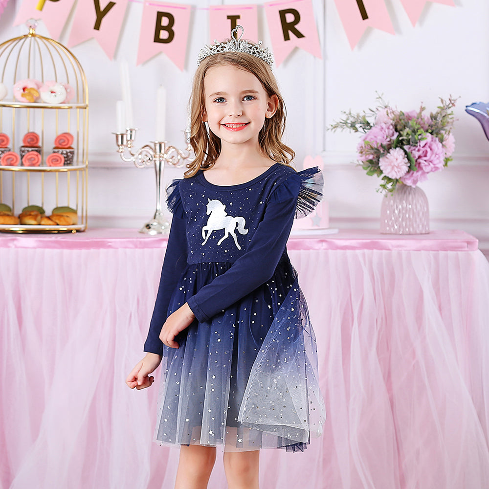 Unicorn Pattern Starry Sky Tulle Lovely Toddler Fall Winter Tutu Dress