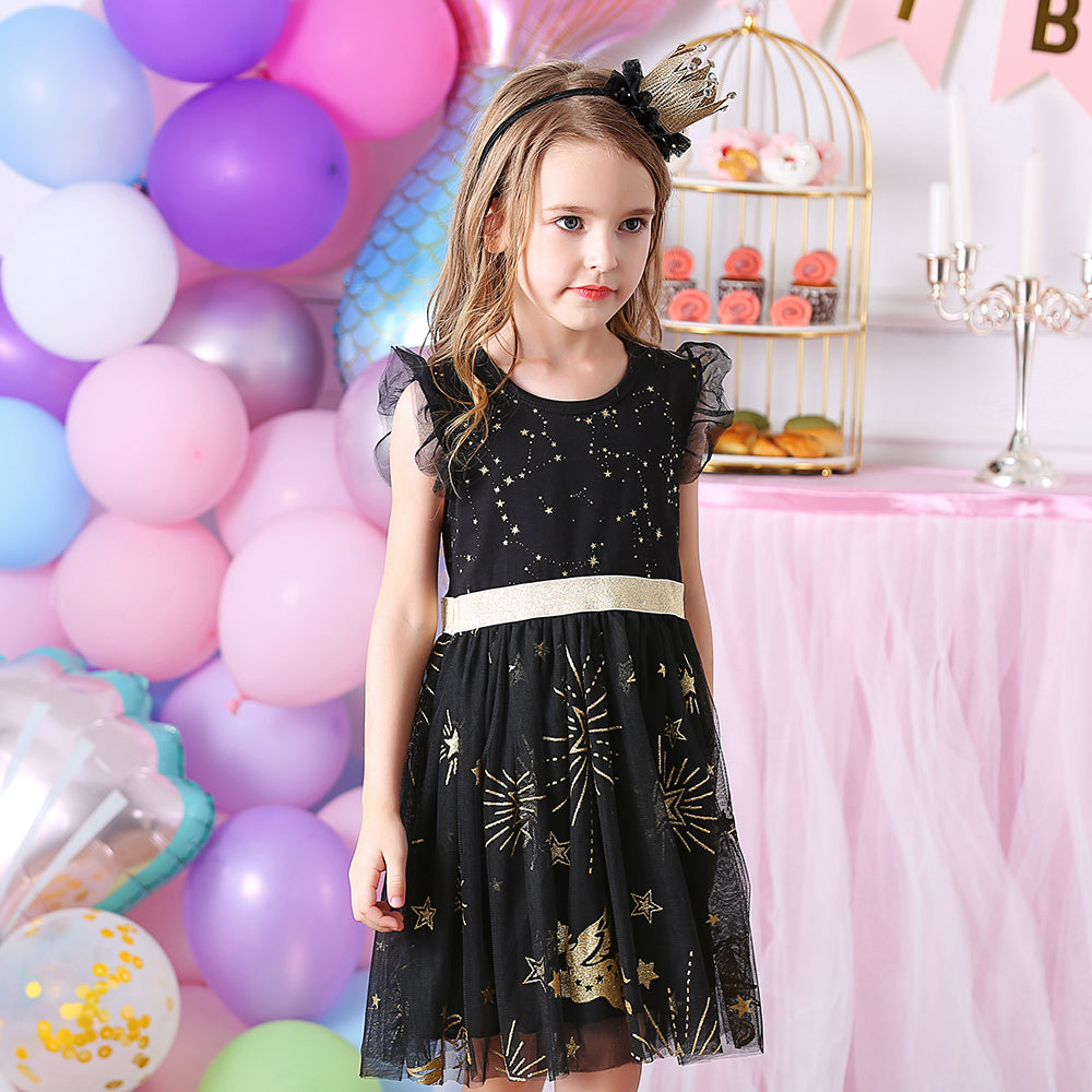 Star Moon Pattern Girls Toddler Summer Short Sleeve Tutu Dress
