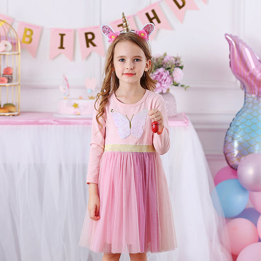 Butterfly Sequined Long Sleeve Toddler Winter Tutu Girl Dress for Party Brithday Daily