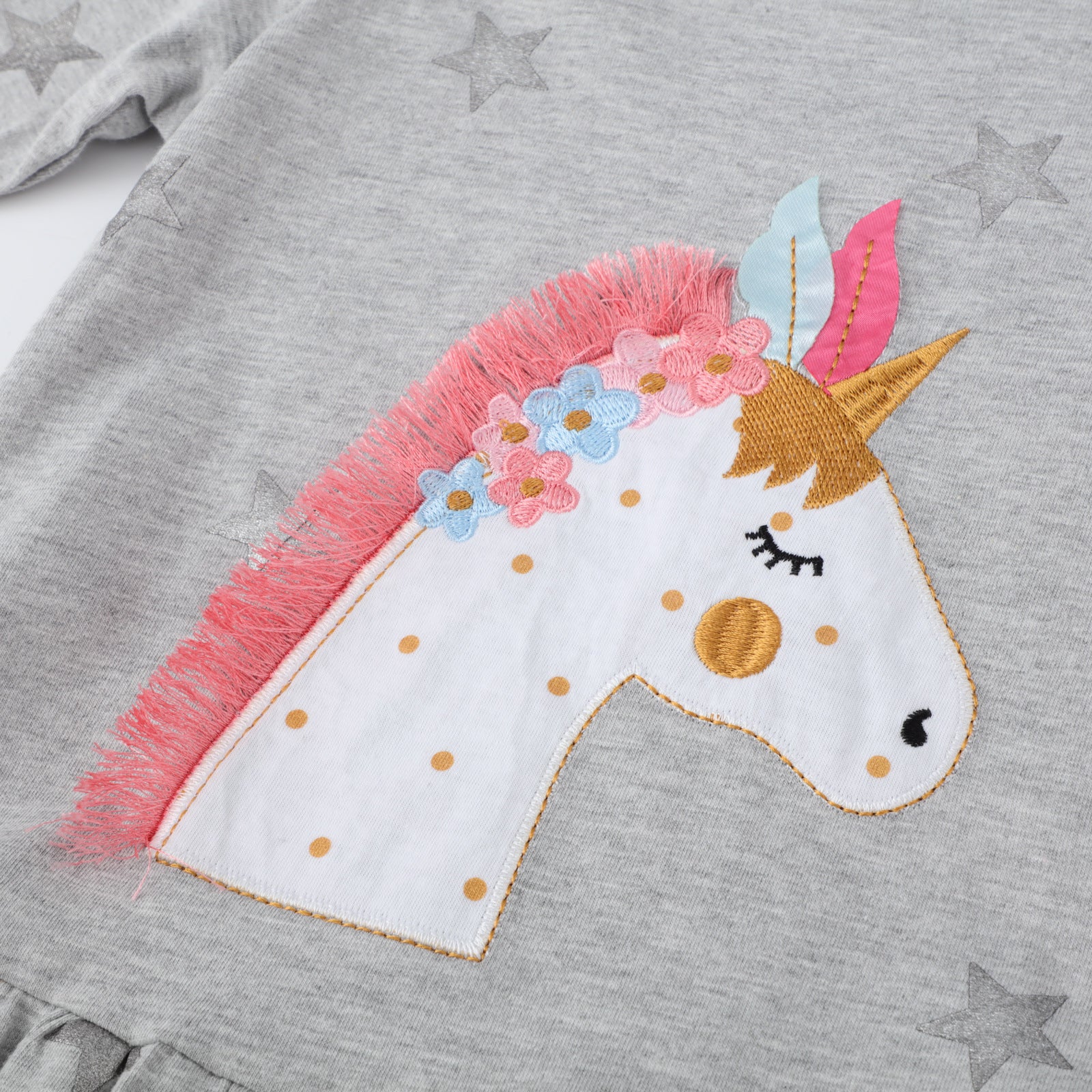 Girls Long Sleeve Casual Dress Grey Unicorn with Sparkle Star Cotton Frocks for Girls 2-7T