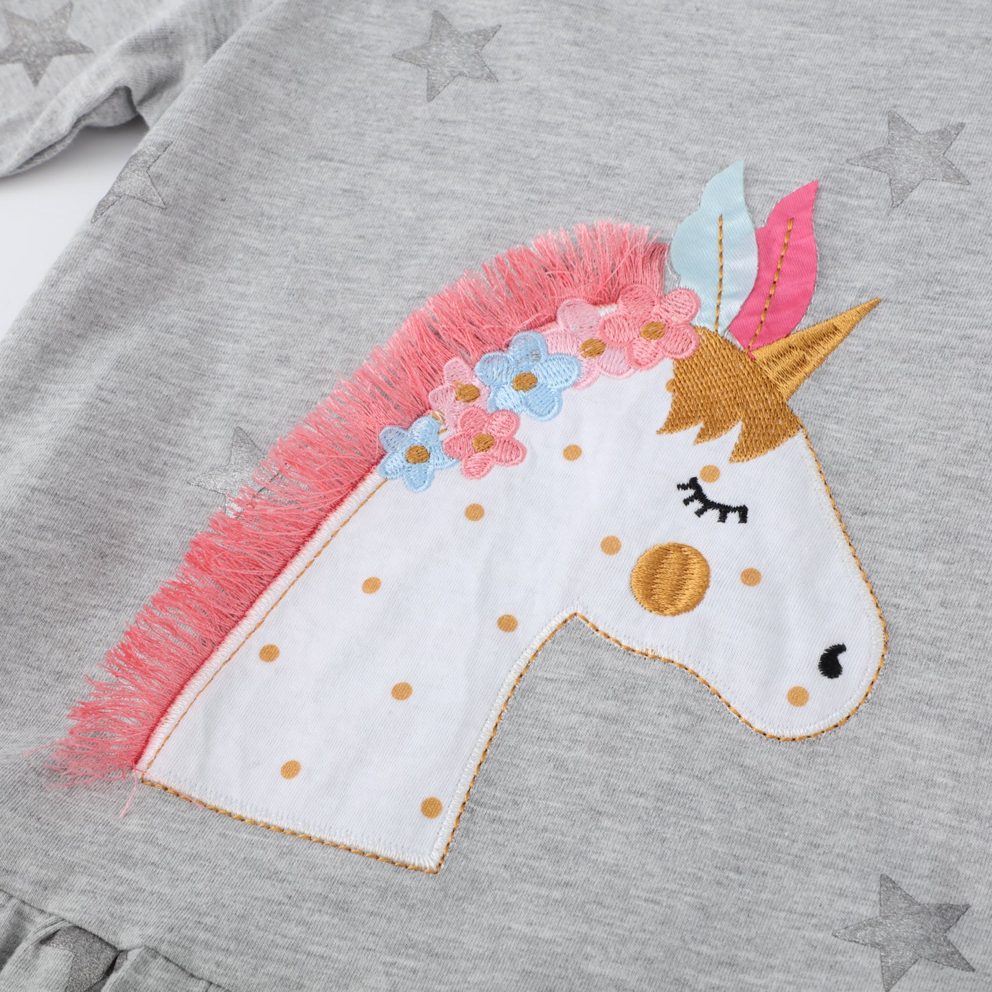 Girls Long Sleeve Casual Dress Grey Unicorn with Sparkle Star Cotton Frocks for Girls 2-7T