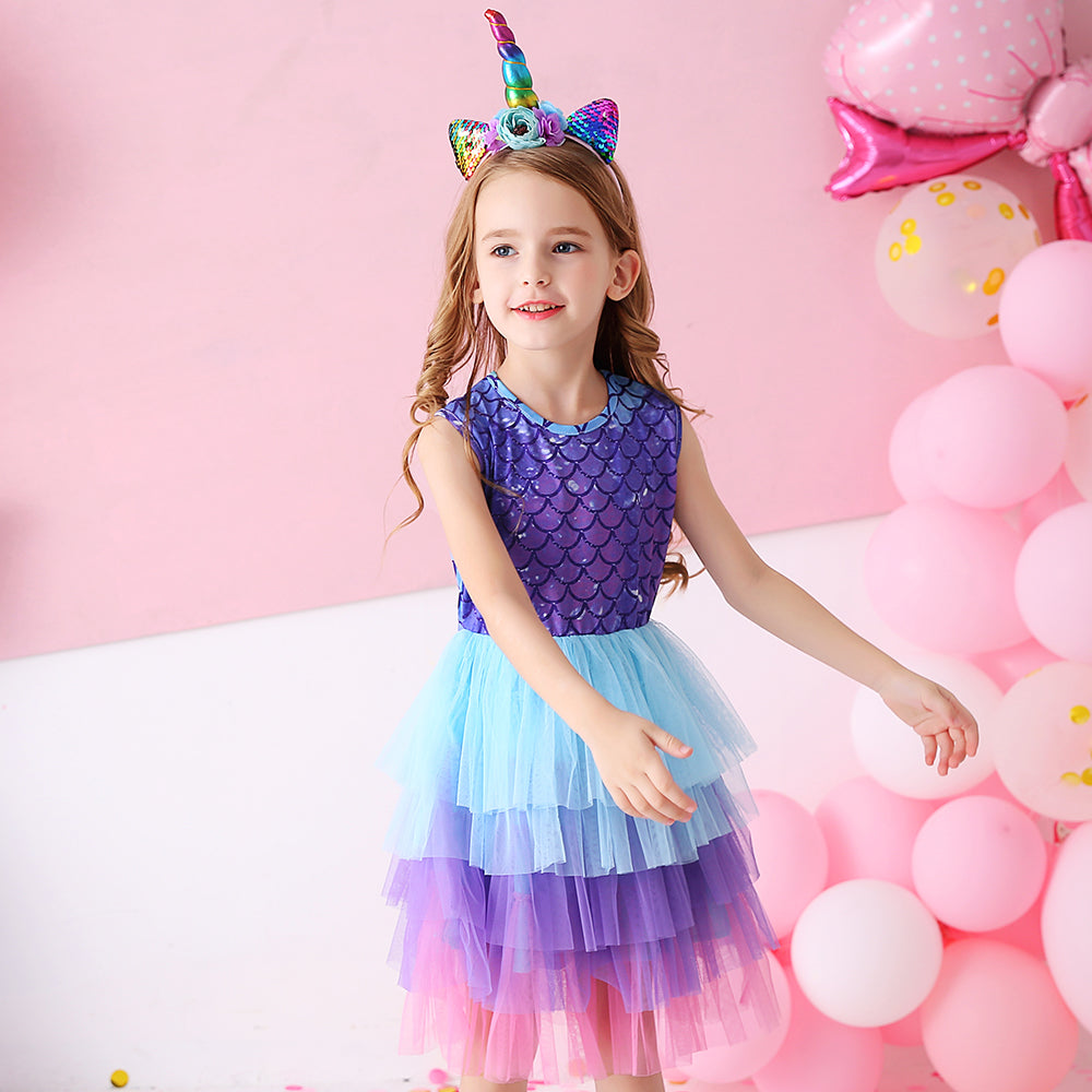 Princess Mermaid Printed Toddler Tutu Girl Layered Dress for Brithday Party