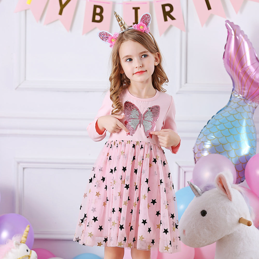 Butterfly Sequined Star Printed Soft Tulle Fall Winter Toddler Tutu Dress