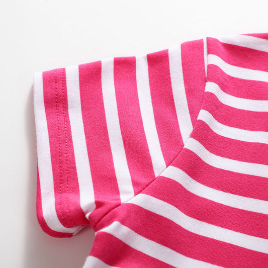 2Y-8Y Girls Short Sleeve Casual Dress Striped Elephant Cotton Dress