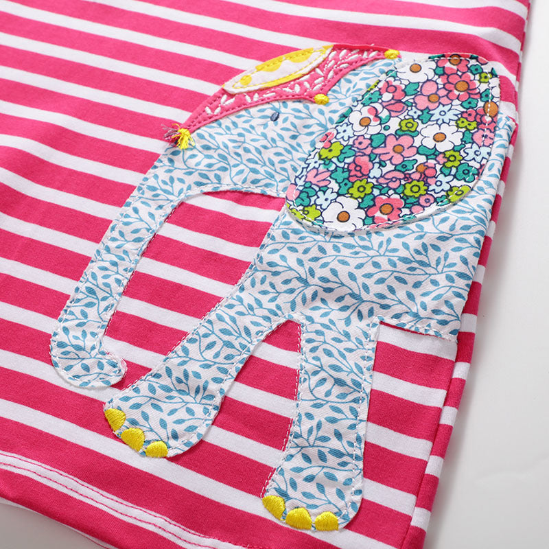 2Y-8Y Girls Short Sleeve Casual Dress Striped Elephant Cotton Dress
