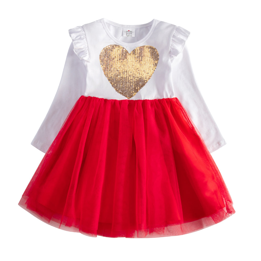 Love Sequined Cotton Toddler Girl Red Tutu Long Sleeve Dress