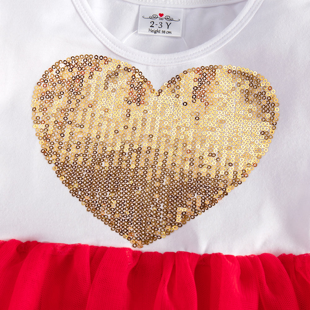 Love Sequined Cotton Toddler Girl Red Tutu Long Sleeve Dress
