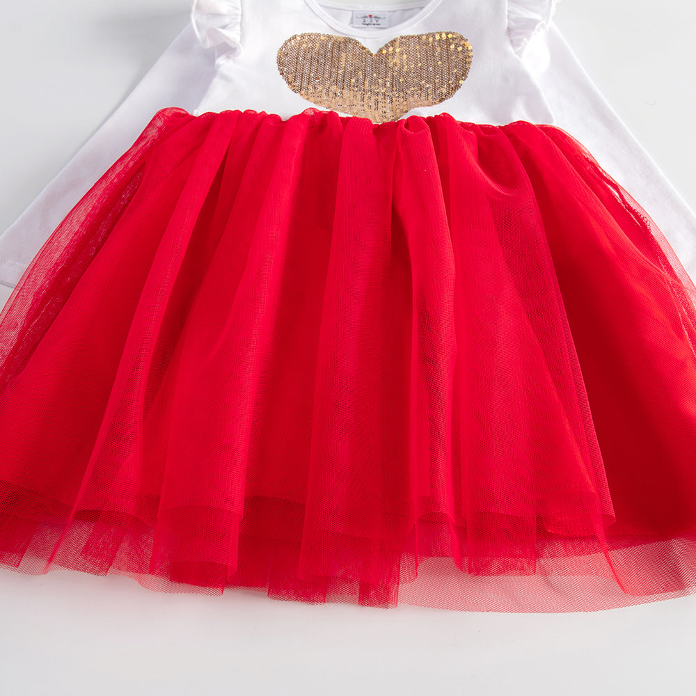 Love Sequined Cotton Toddler Girl Red Tutu Long Sleeve Dress
