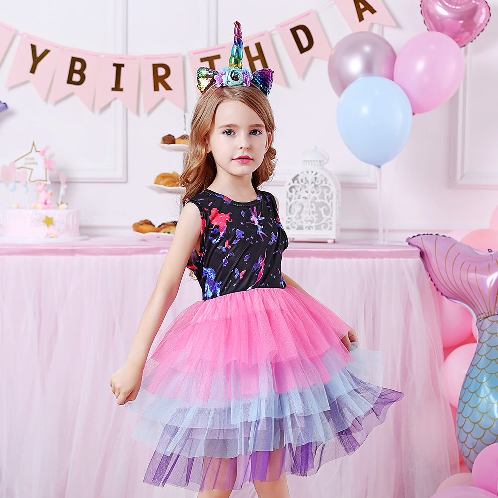 Colorful Tutu Girls Toddler Dress with Flower Fairy Printed for Daily Wear