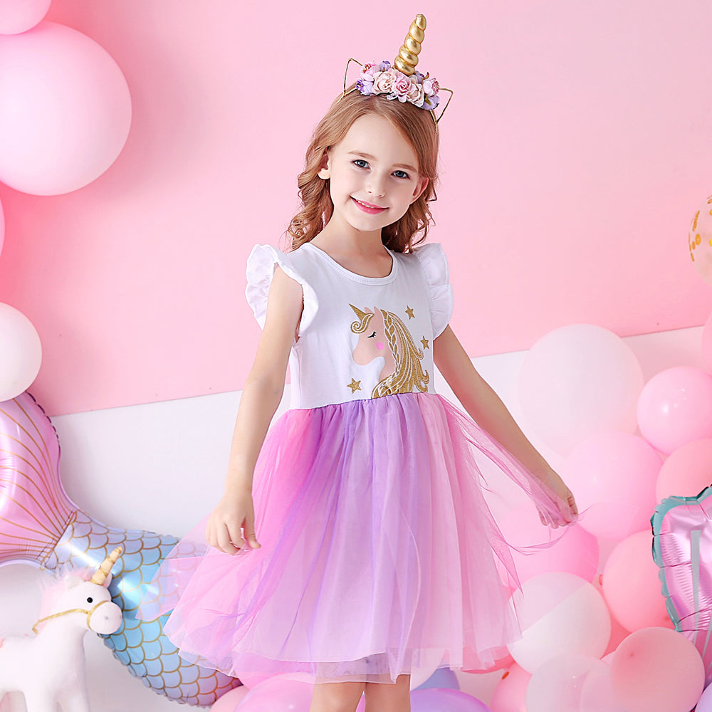 Cartoon Unicorn Pattern Tutu Toddler Dress for Daily Party Wearing 3-8T