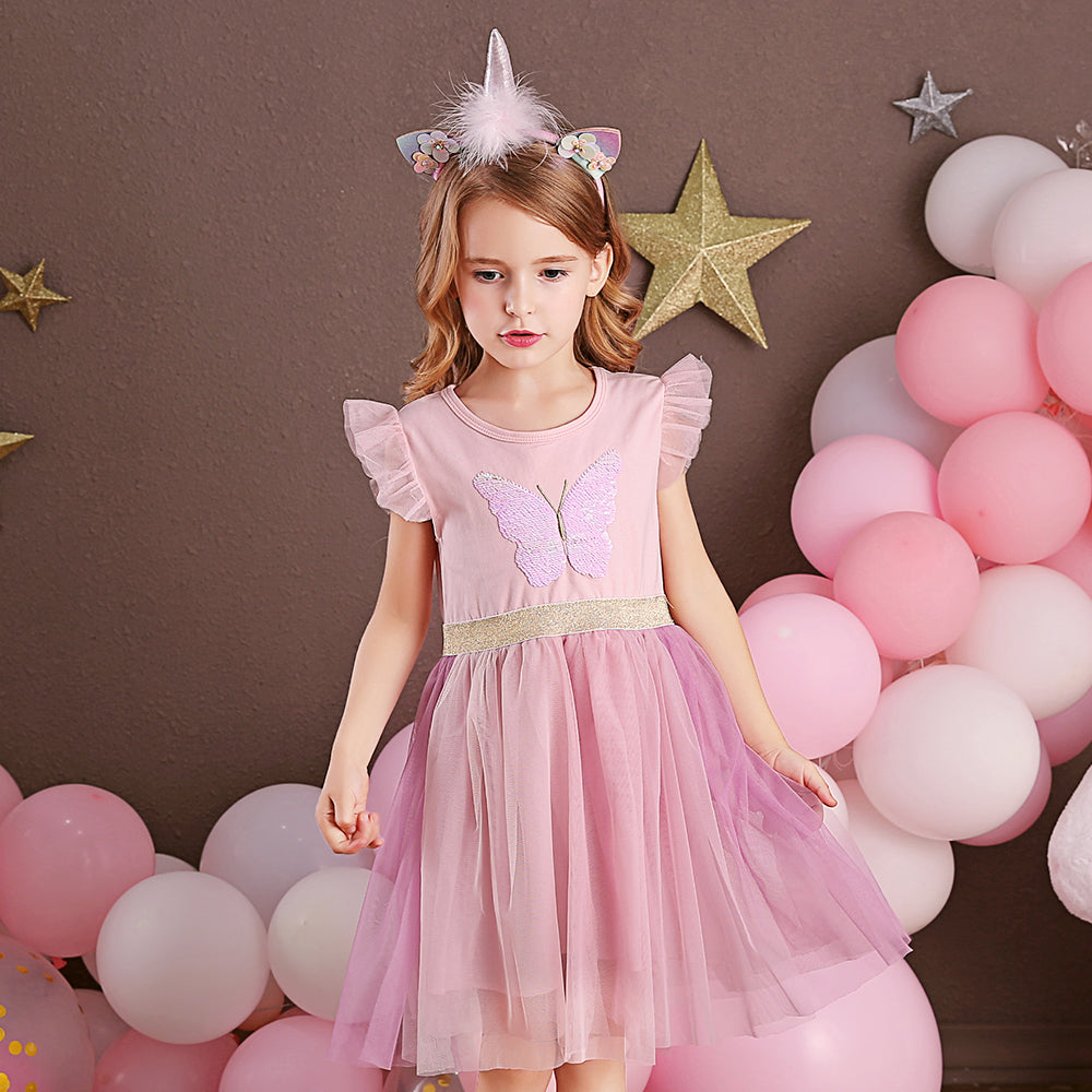 Princess Style Butterfly Beads Toddler Summer Tutu Girl Dress for Brithday Gift