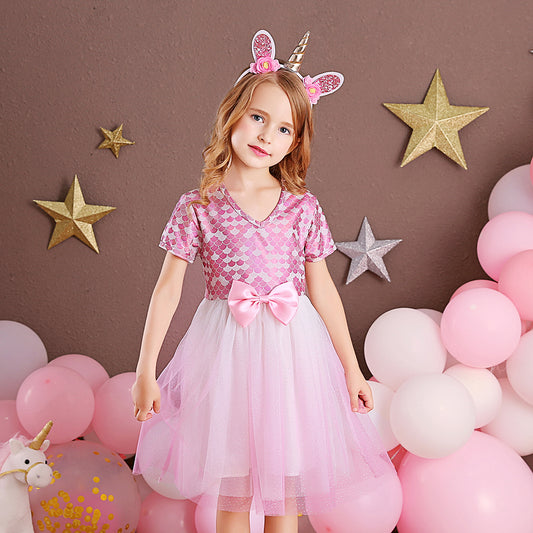 Pink Tutu Toddler Dress Butterfly Bow Mermaid Printed Girls Tulle Dress for Summer