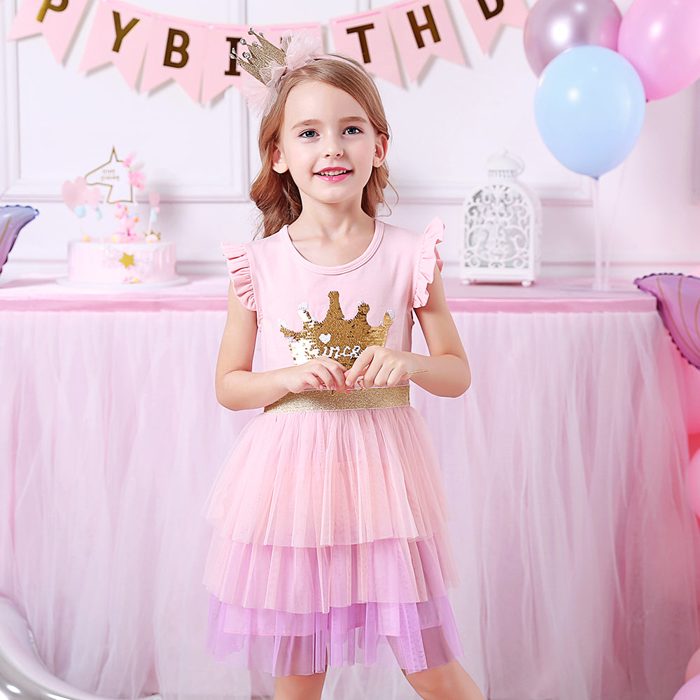 Princess Crown Beads Tutu Toddler Summer Girl Dress Layered Party Dress for 3-8T