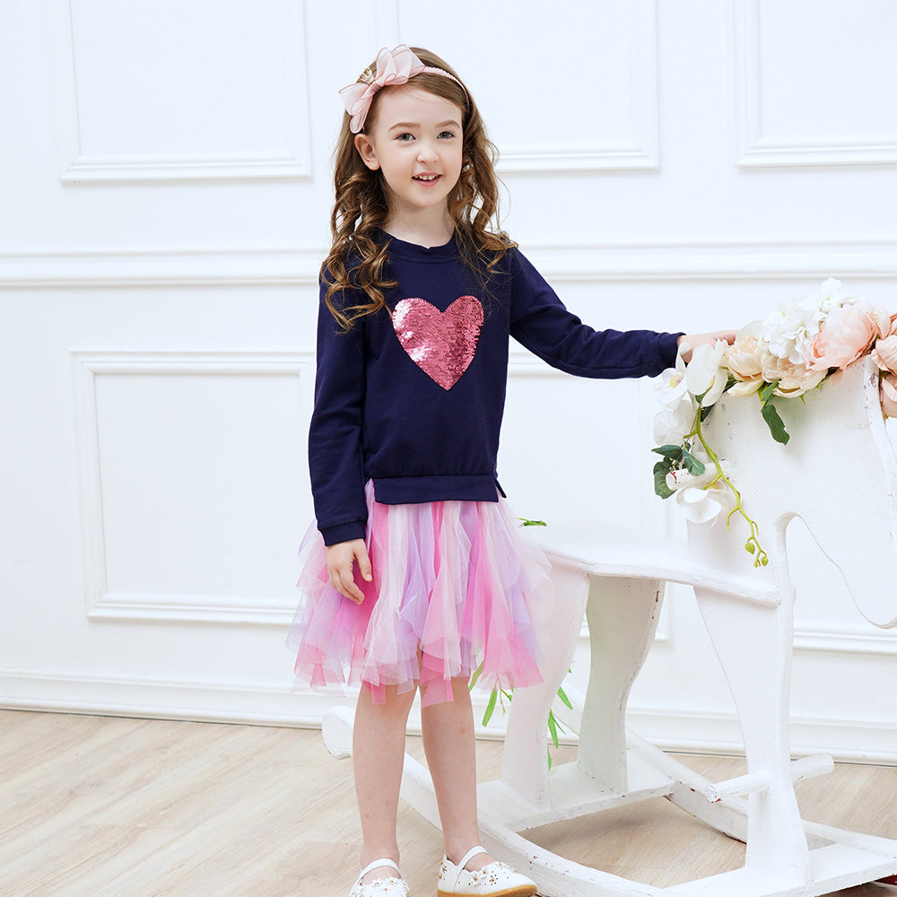 Sequins Love Heart Pattern Gathered Tiered Tulle Girl Toddler Long Sleeve Tutu Dress